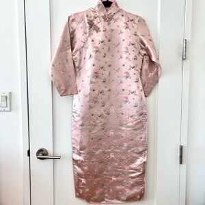 Vintage Custom Silk Organza Pale Pink Long Sleeve Qipao Cheongsam Dress Size S